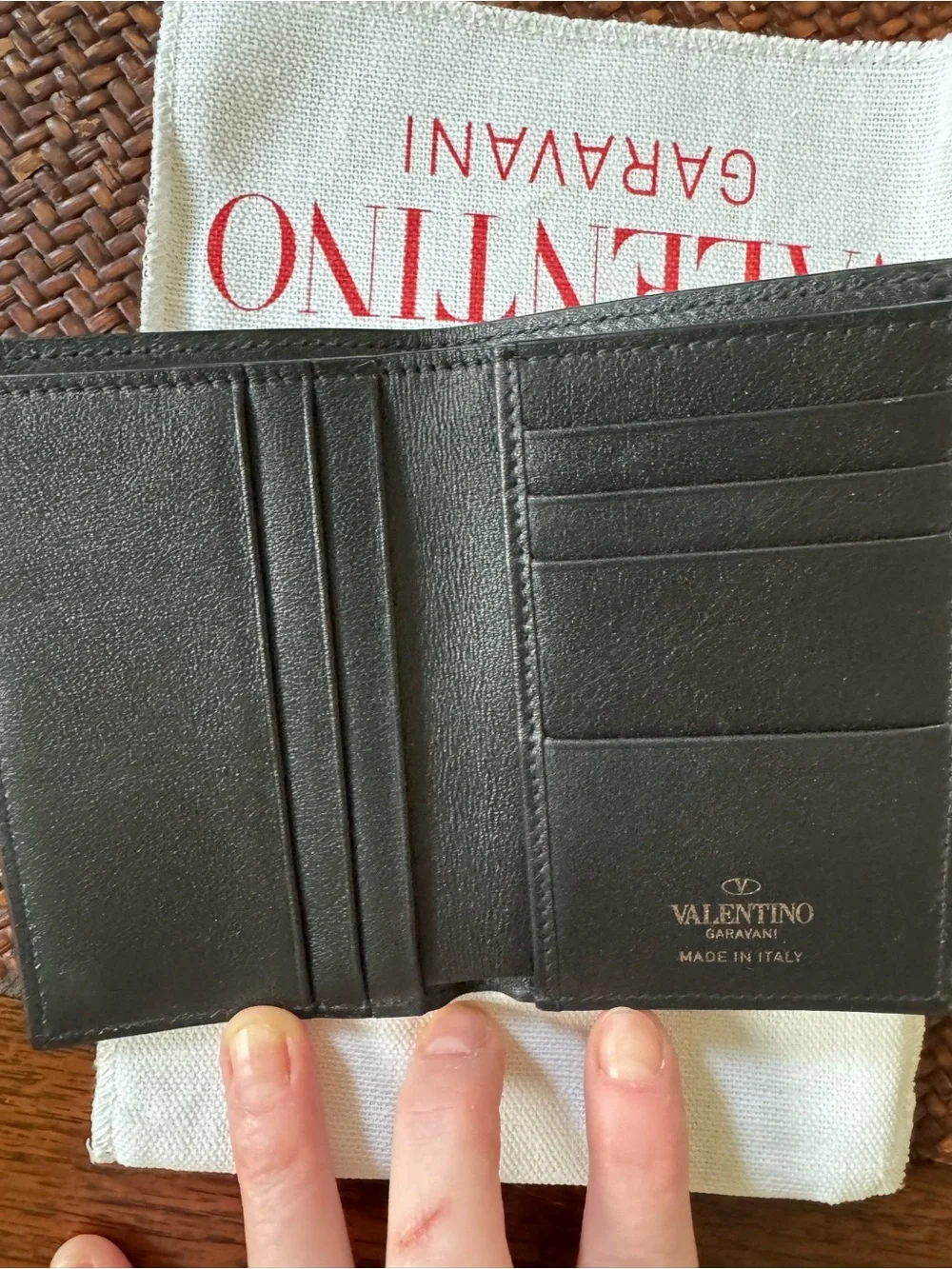 Valentino Garavani Black Leather Card & Key Holder with Silver Pyramid Studs